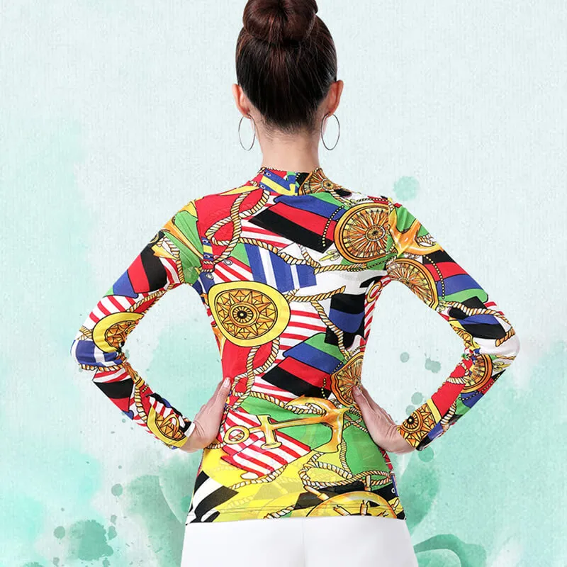 Abstract Print Long Sleeve Latin/Ballroom Top