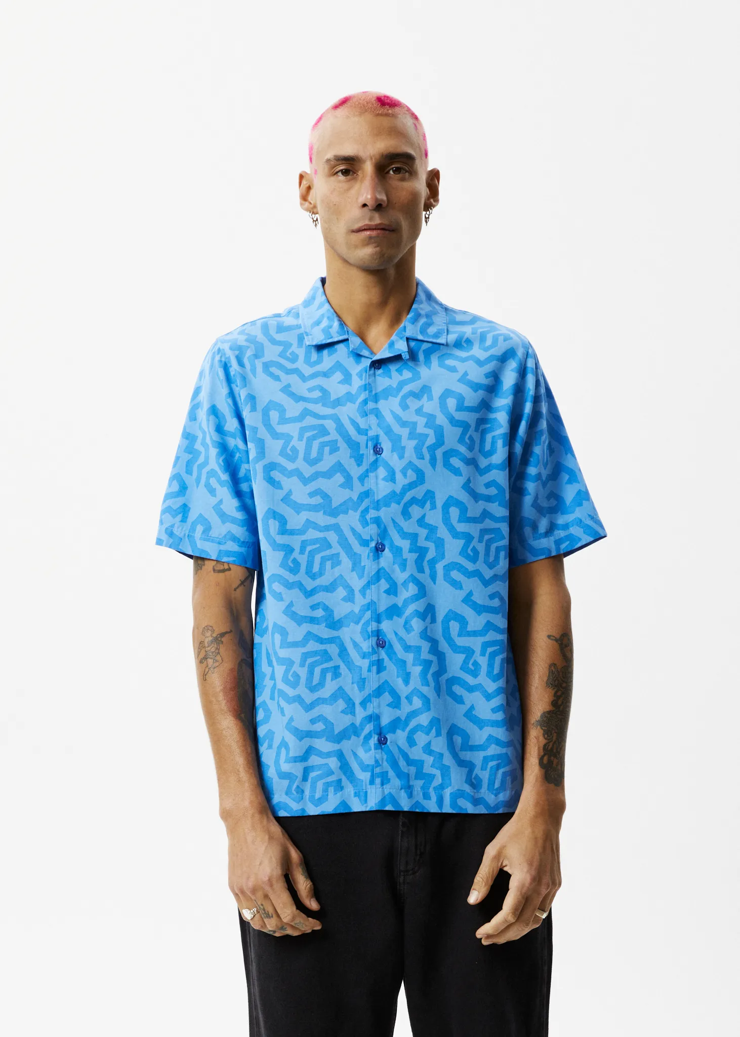 AFENDS Mens Icebergs - Cuban Short Sleeve Shirt - Arctic