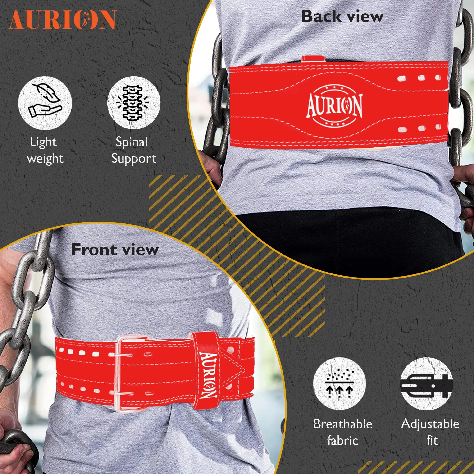 Aurion Comfort and Durable Leather Weightlifting Belt (Medium, Red, 1pc) For Men and Women | Weightlifting Belt for Fitness Training | Power Lifting for Men and Women | Back Support for Heavy Lifting