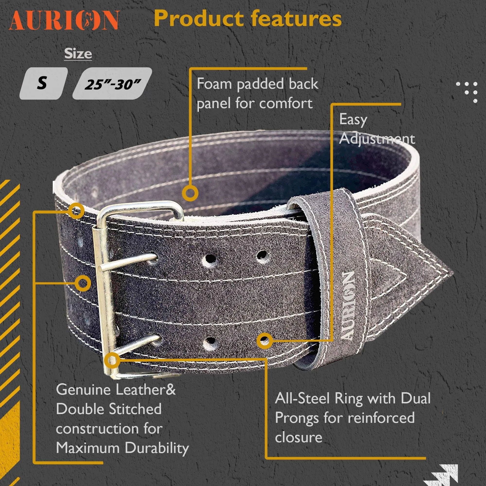 AURION Premium Suede Leather Premium Weightlifting Belt (Small, Grey, 1pc) for Men and Women| Body Fitness Gym Back Support Weightlifting Belt | Gym Equipment | Adjustable Buckle | Power Training