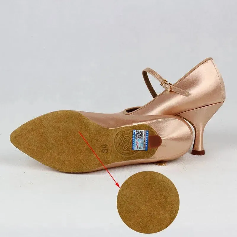 Ballroom Dance Practice Shoes - Ladies Salsa Dance Shoes Latin with Fresh Tan Satin High Heel Soft Outsole