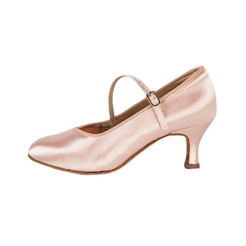 Ballroom Dance Practice Shoes - Ladies Salsa Dance Shoes Latin with Fresh Tan Satin High Heel Soft Outsole