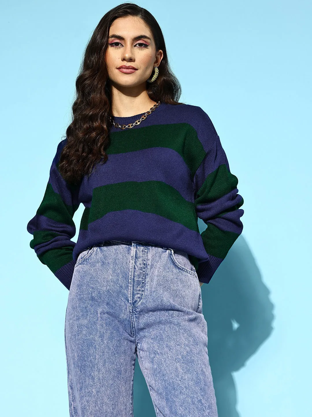 Berrylush Women Blue & Green Striped Pattern Round Neck Polyester Ribbed Hem Regular Pullover