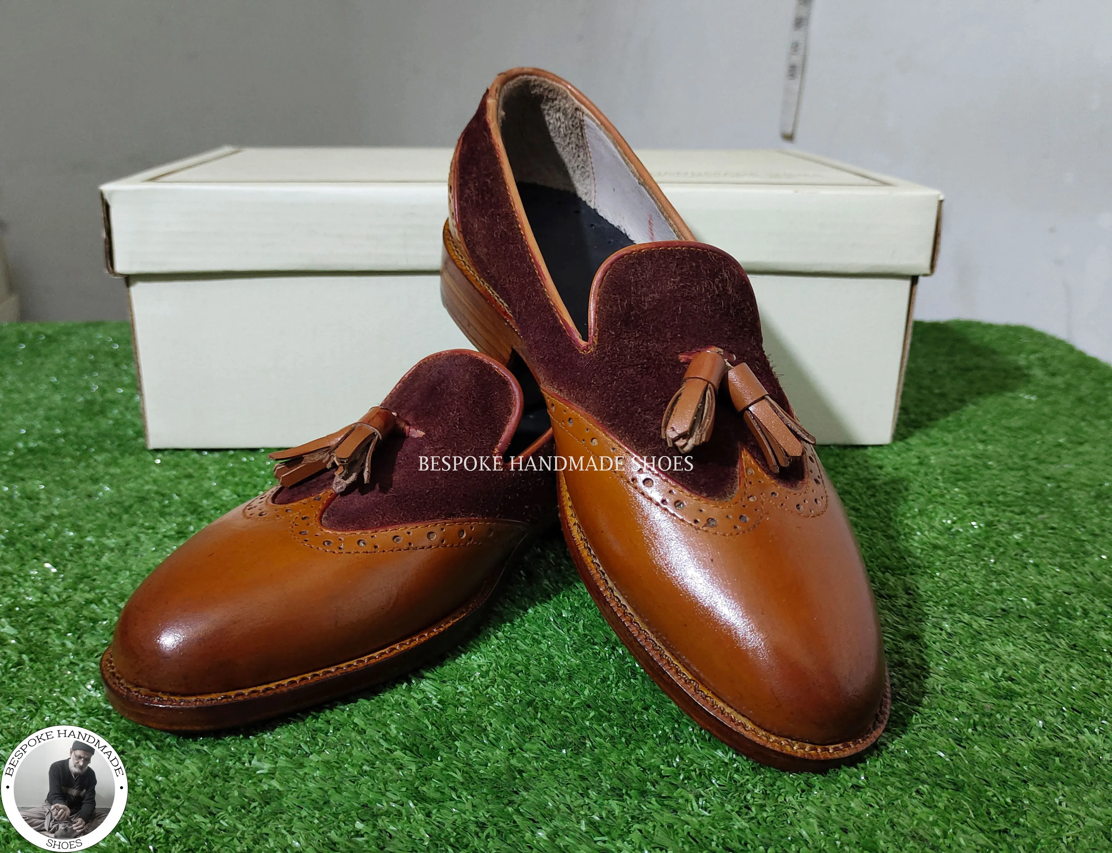 Bespoke Handmade Stylish Brown Leather And Suede Loafer Style Leather Tassels Casual Shoes