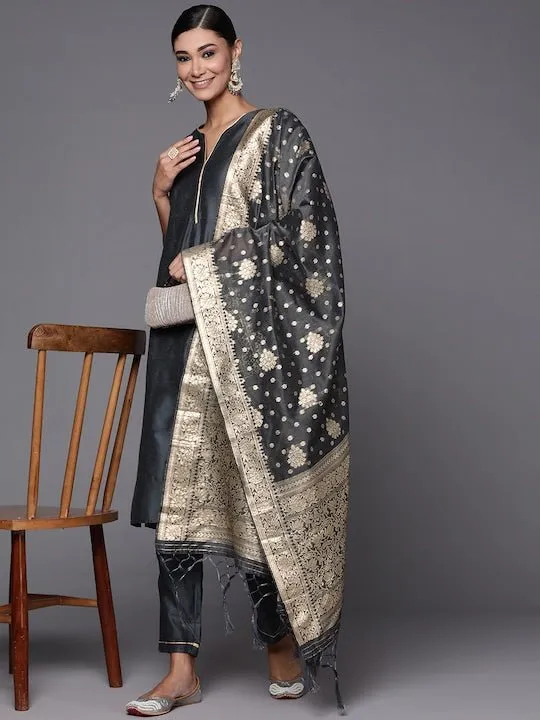 Black & Gold-Toned Ethnic Motifs Woven Design Dupatta with Zari