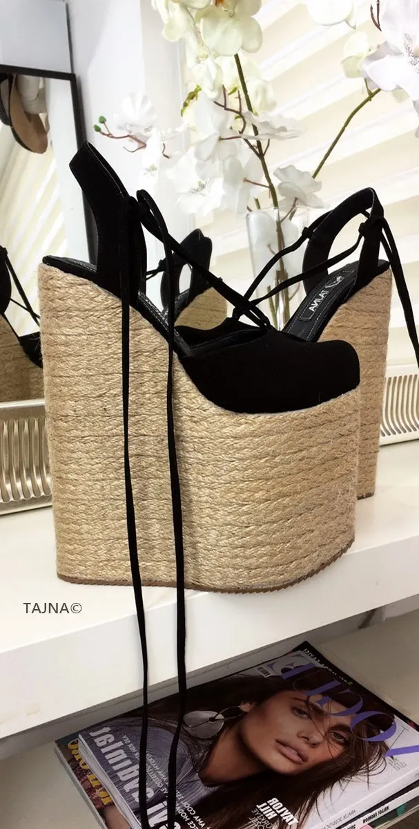 Black Lace Up High Heel Wedge Sandals