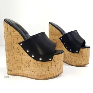 Black Pinned High Heel Cork Mules