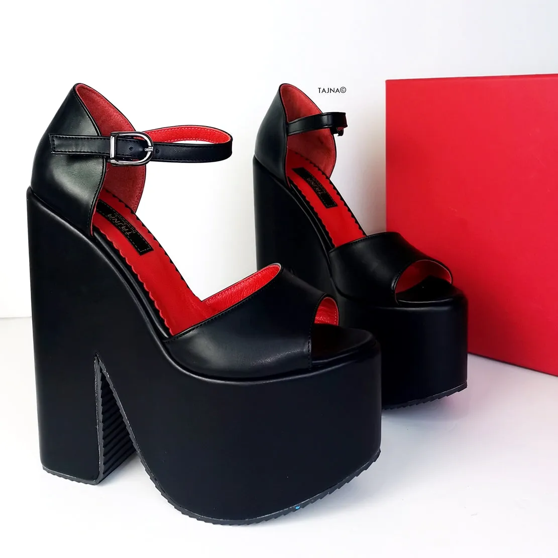 Black Red Ankle Strap Peep Toe Wedges