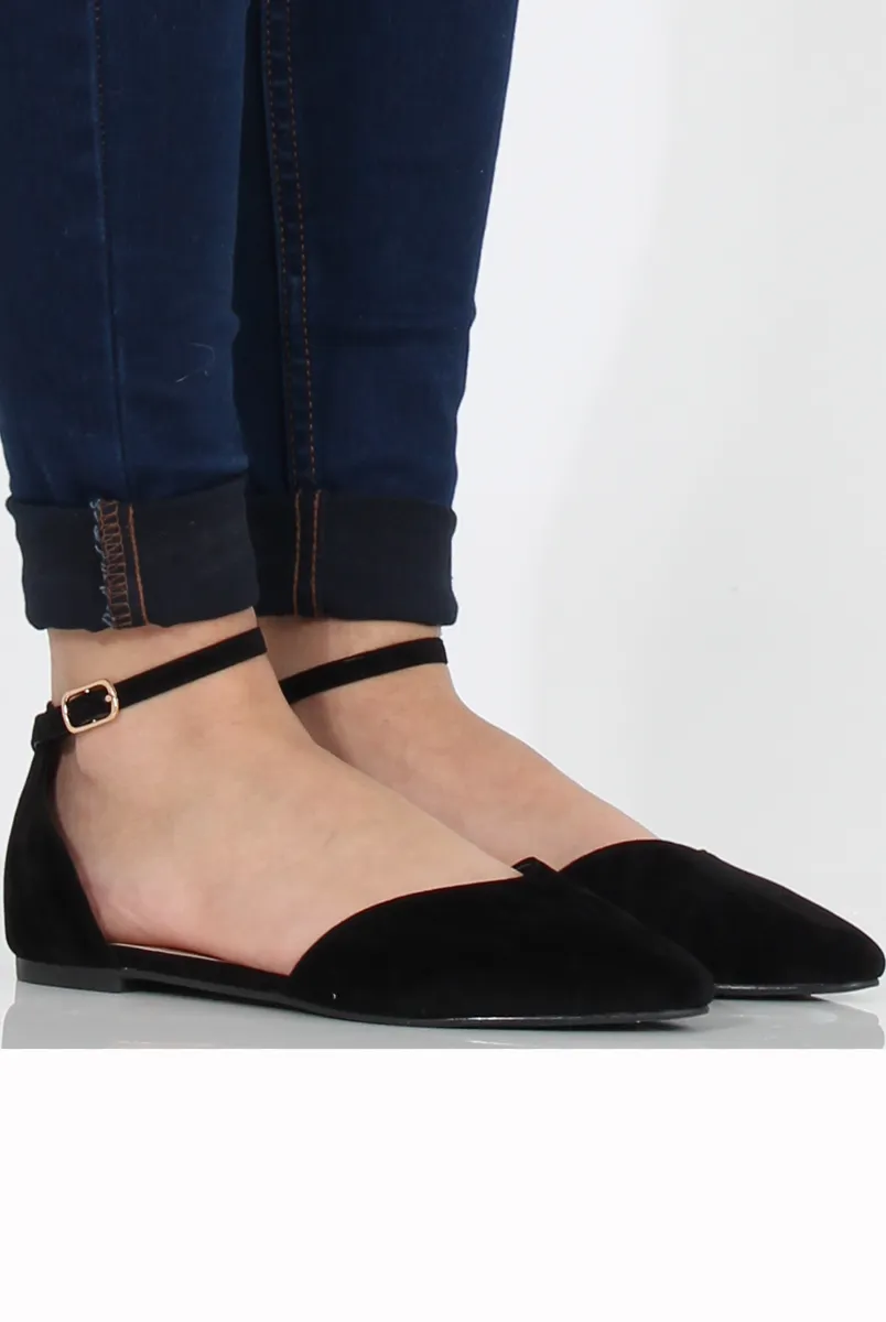 Black Suede Pointed Flat Shoes - Kelsa