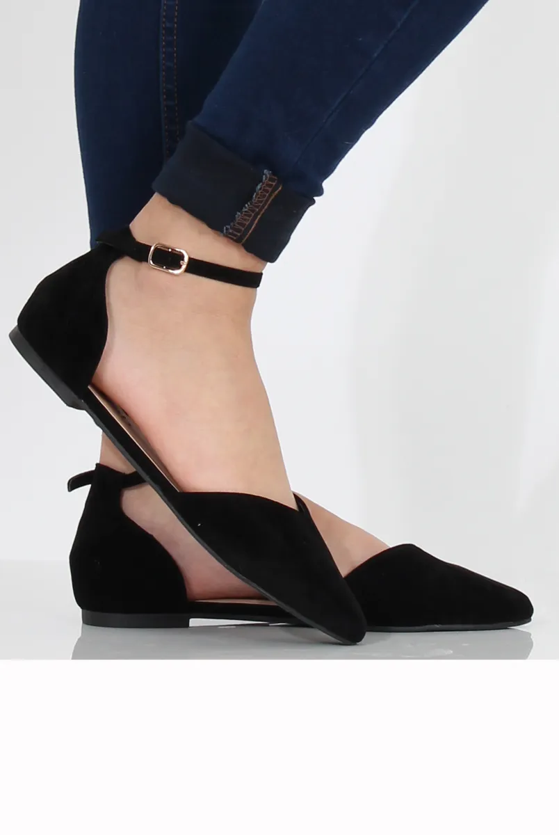 Black Suede Pointed Flat Shoes - Kelsa