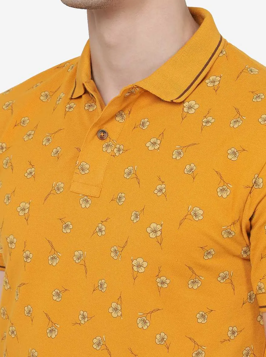 Butterscotch Yellow Printed Slim Fit Polo T-Shirt | Greenfibre