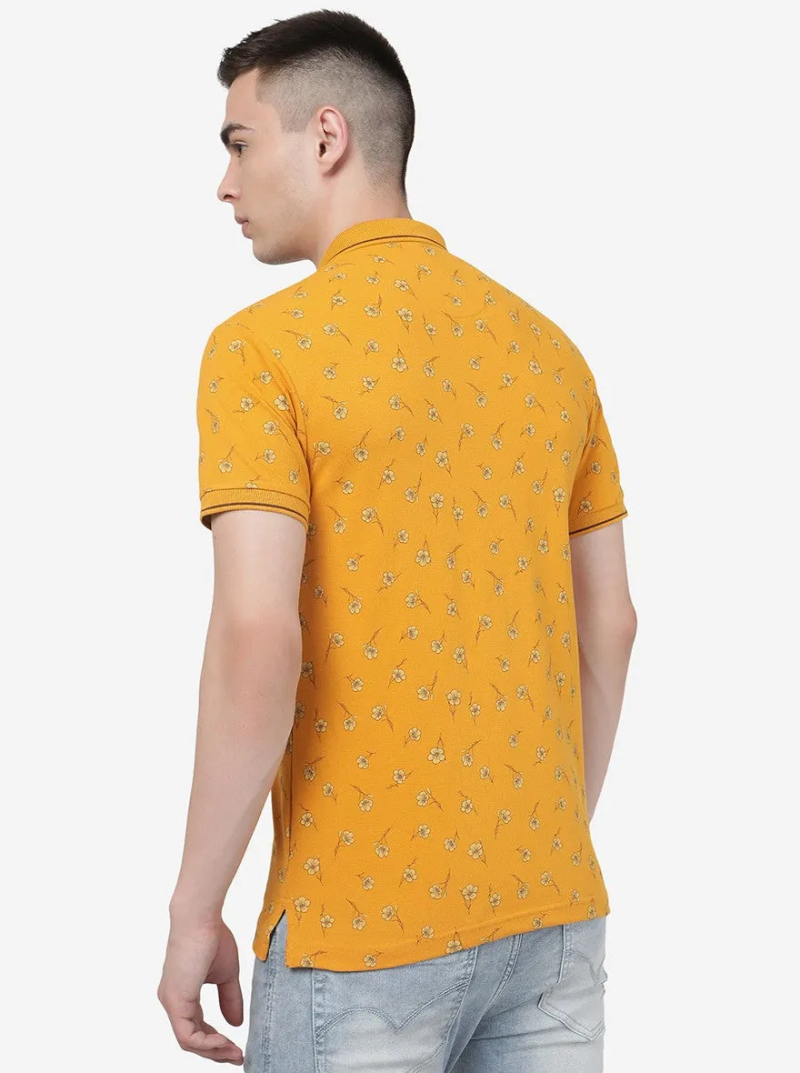 Butterscotch Yellow Printed Slim Fit Polo T-Shirt | Greenfibre