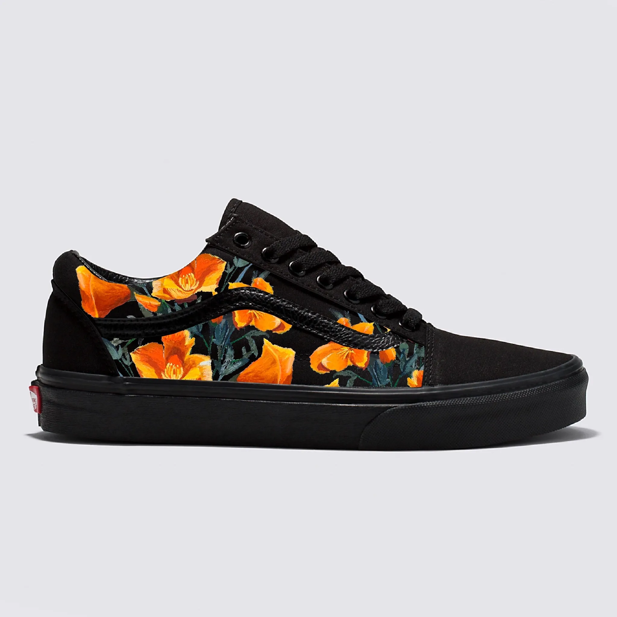 California Poppy Flowers on Black/Black Vans Old Skool Shoes