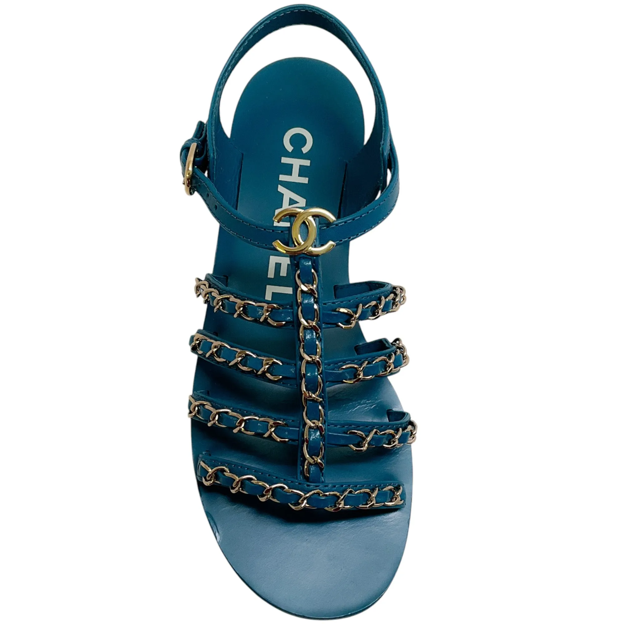 Chanel Teal Leather Flat Gladiator Sandals with Chain