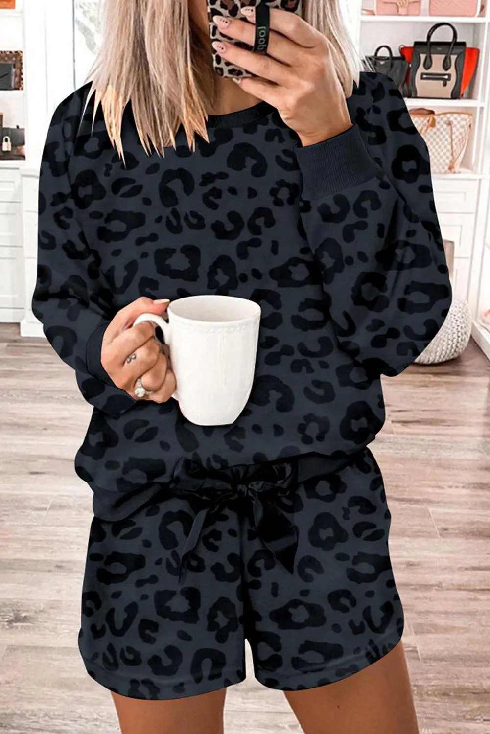 Chic Gray Leopard Satin Lounge Ensemble: Comfortable Two-Piece Homewear for Stylish Relaxation