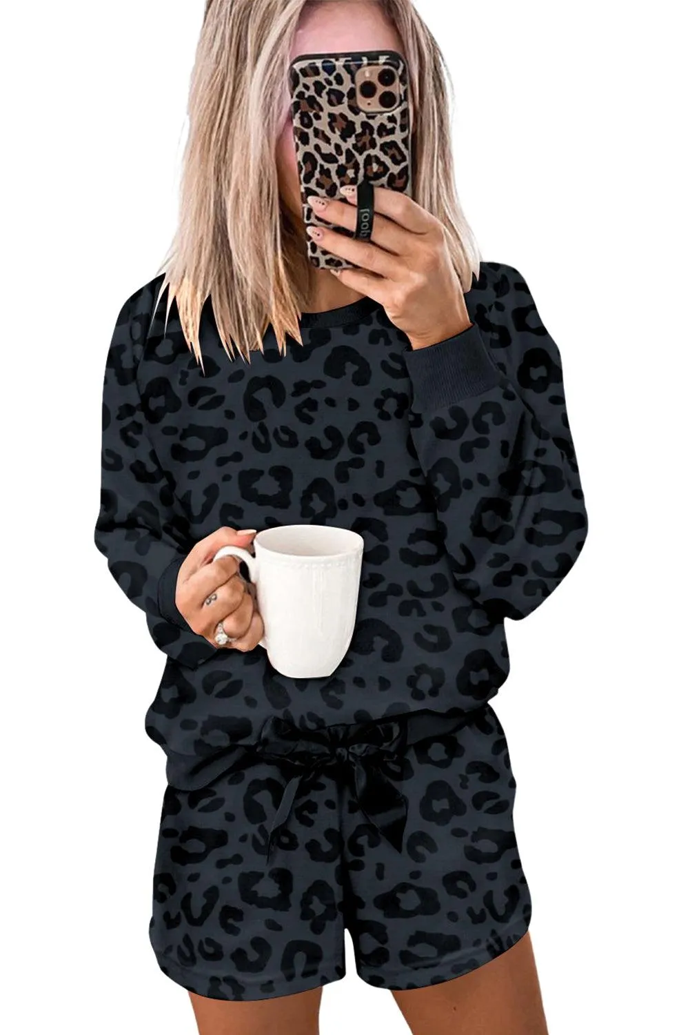 Chic Gray Leopard Satin Lounge Ensemble: Comfortable Two-Piece Homewear for Stylish Relaxation