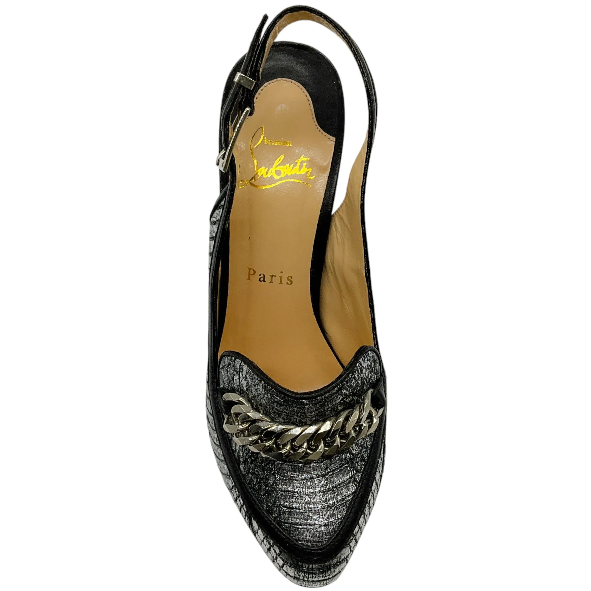 Christian Louboutin Black / Silver Snake Slingback Pumps with Chain Detail