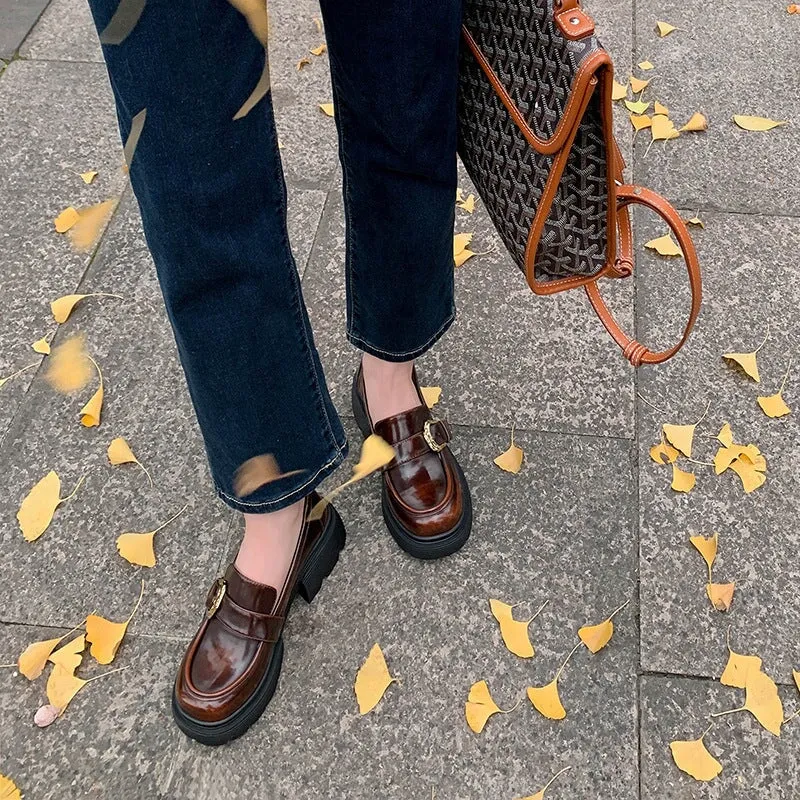 Chunky Loafers for Women Leather Platforms with Round Toe Metal Button in Brown/Black