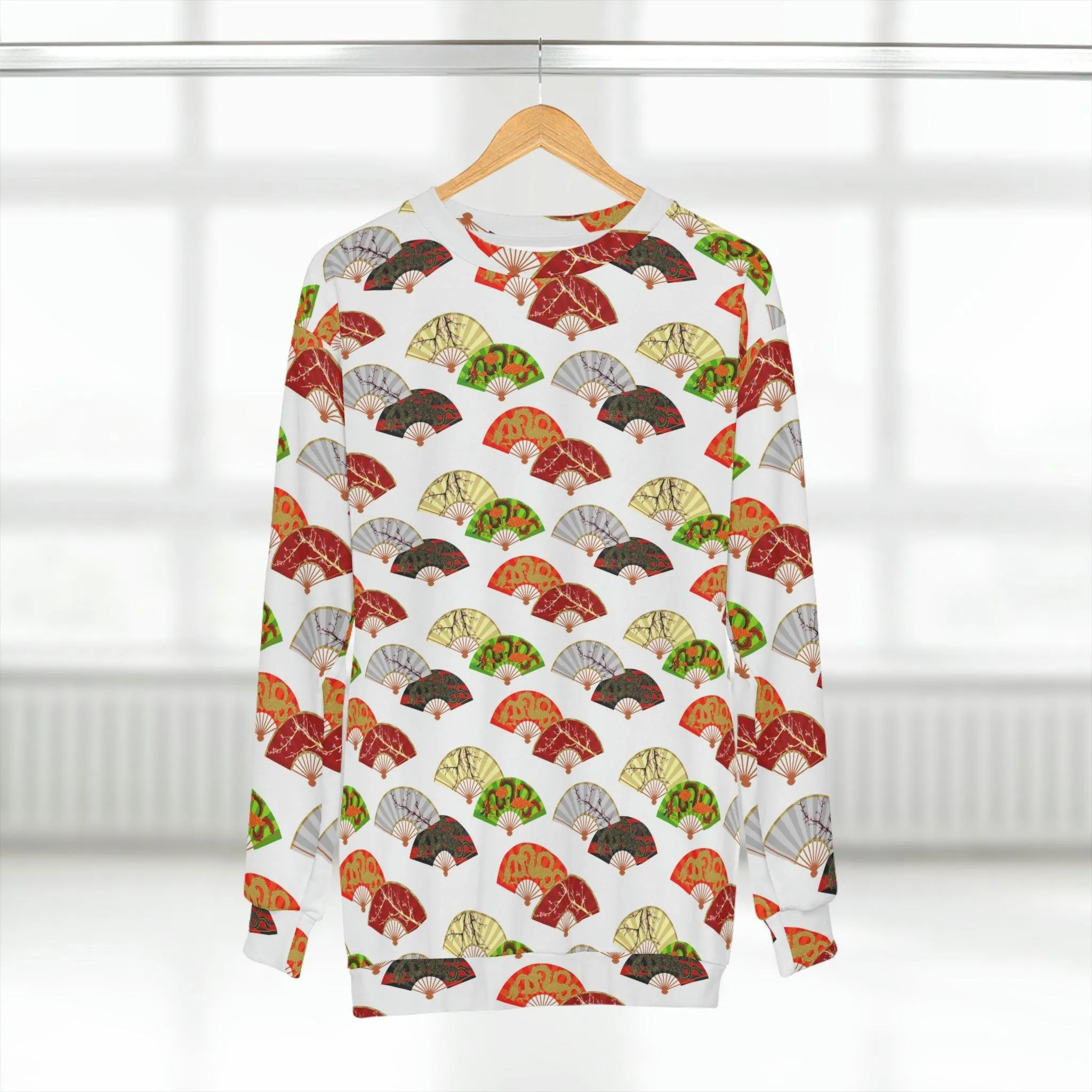 Cozy All-Over Print Crewneck Sweatshirt Featuring Japanese Fan Design