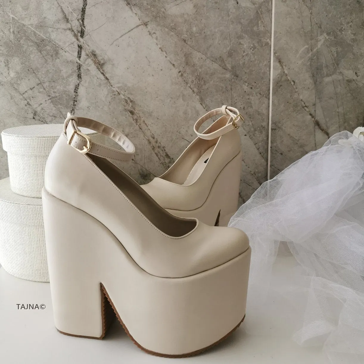 Cream Ankle Strap High Heel Wedges