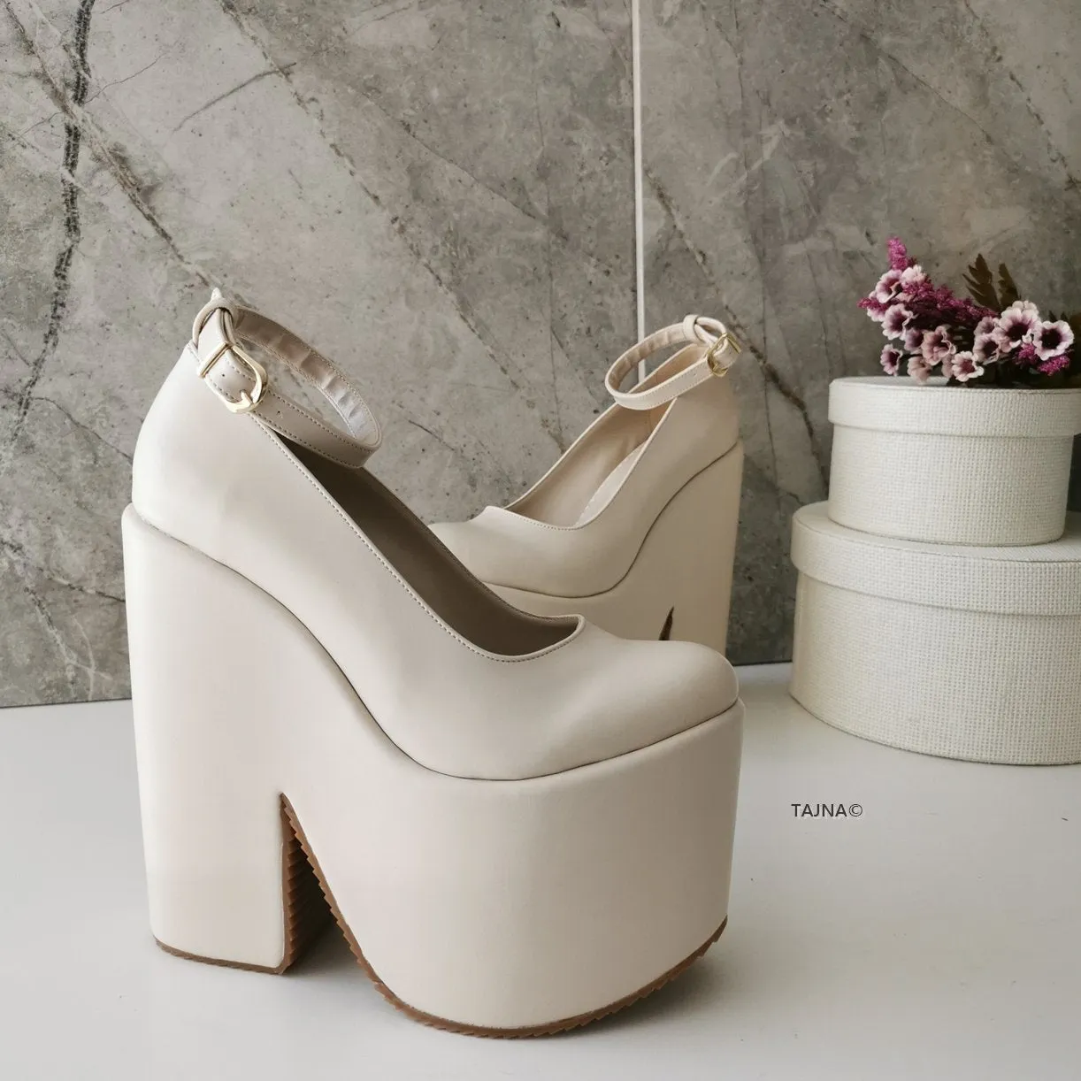 Cream Ankle Strap High Heel Wedges