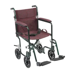 Drive Medical fw19bg Flyweight Lightweight Folding Transport Wheelchair, 19", Green Frame, Burgundy Upholstery