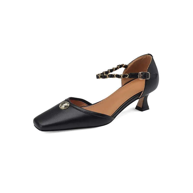 Elegant Genuine Leather Low Heel Triple-Strap Mary Jane Shoes With Buckle Detail