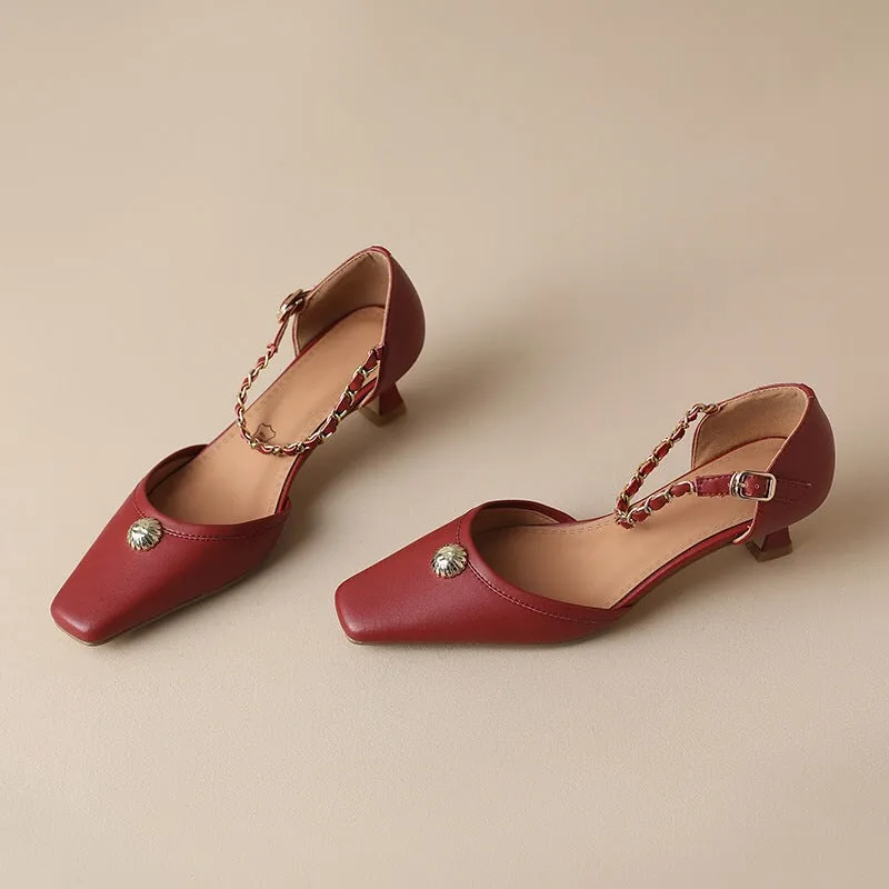 Elegant Genuine Leather Low Heel Triple-Strap Mary Jane Shoes With Buckle Detail