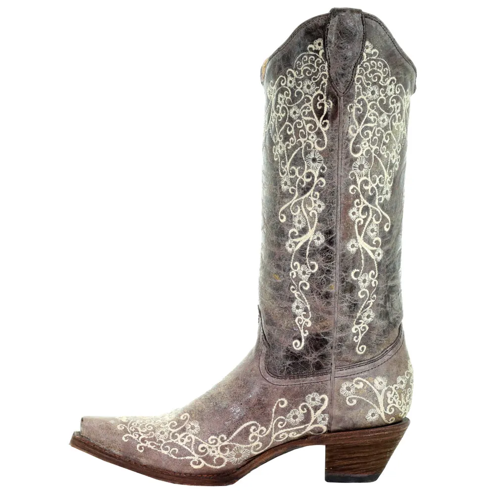 Floral Tooled-Inlay Snip Toe Cowboy Boots