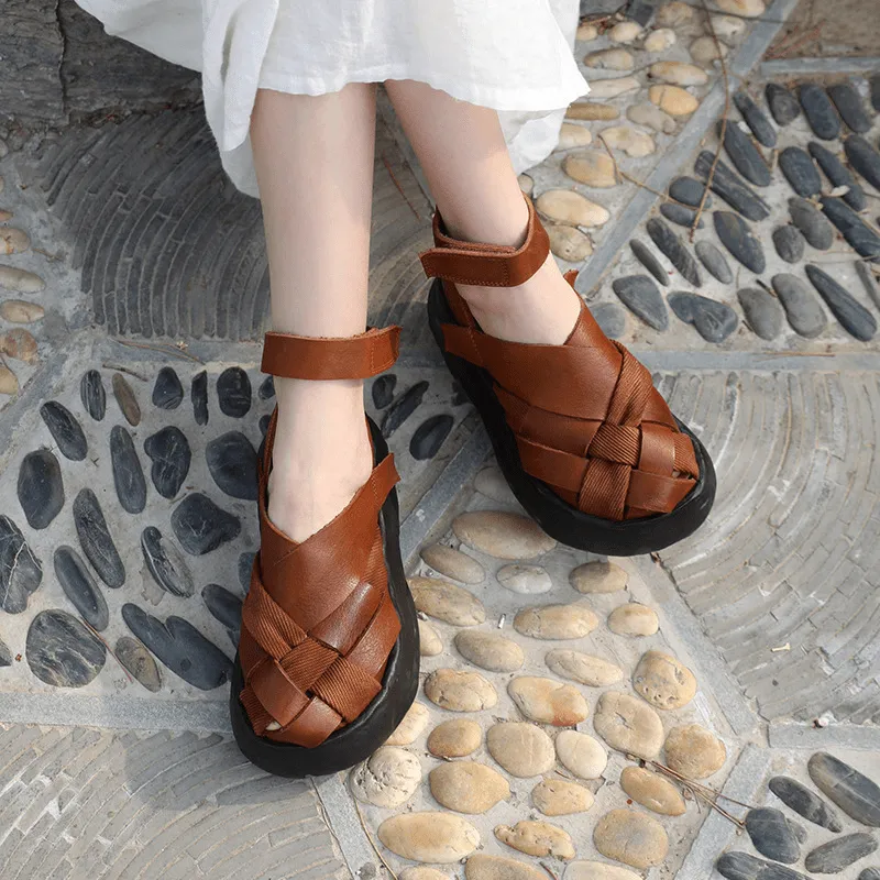 Genuine Leather Platform Sandals Ankle Strap Gladiator Sandals in Brown