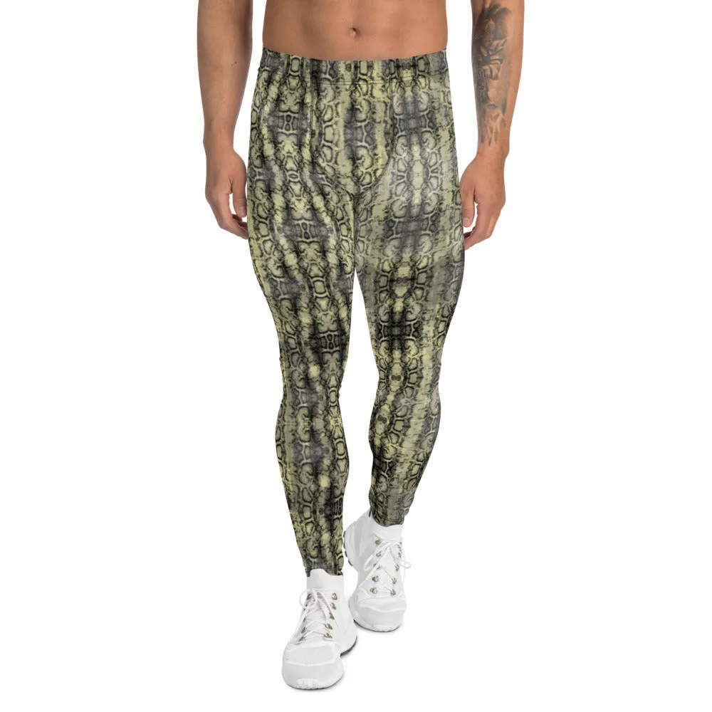 Green Snakeskin Print Sexy Meggings, Yellowish Snake Print Men's Leggings For Reptile Lovers