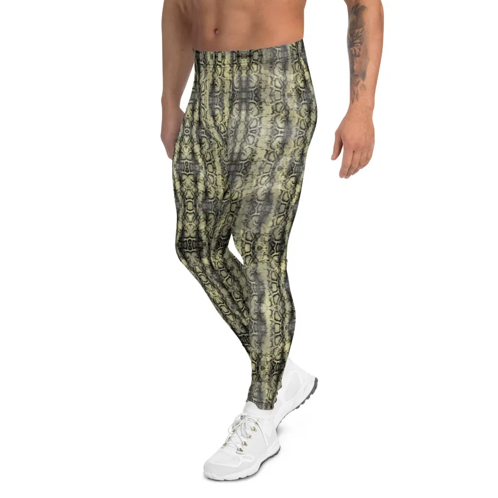 Green Snakeskin Print Sexy Meggings, Yellowish Snake Print Men's Leggings For Reptile Lovers