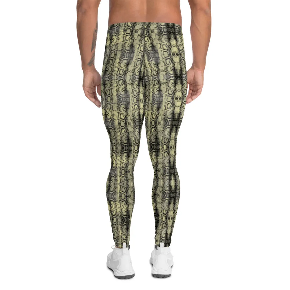 Green Snakeskin Print Sexy Meggings, Yellowish Snake Print Men's Leggings For Reptile Lovers