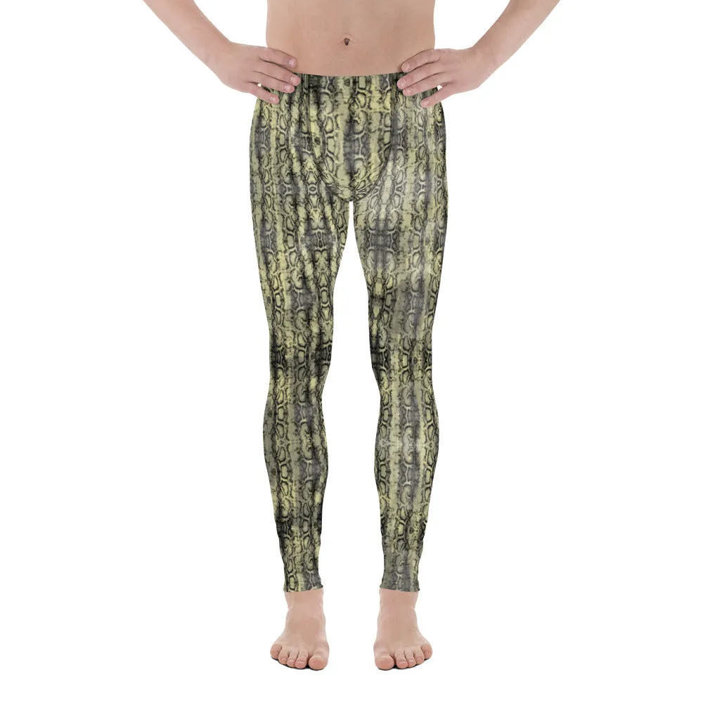 Green Snakeskin Print Sexy Meggings, Yellowish Snake Print Men's Leggings For Reptile Lovers