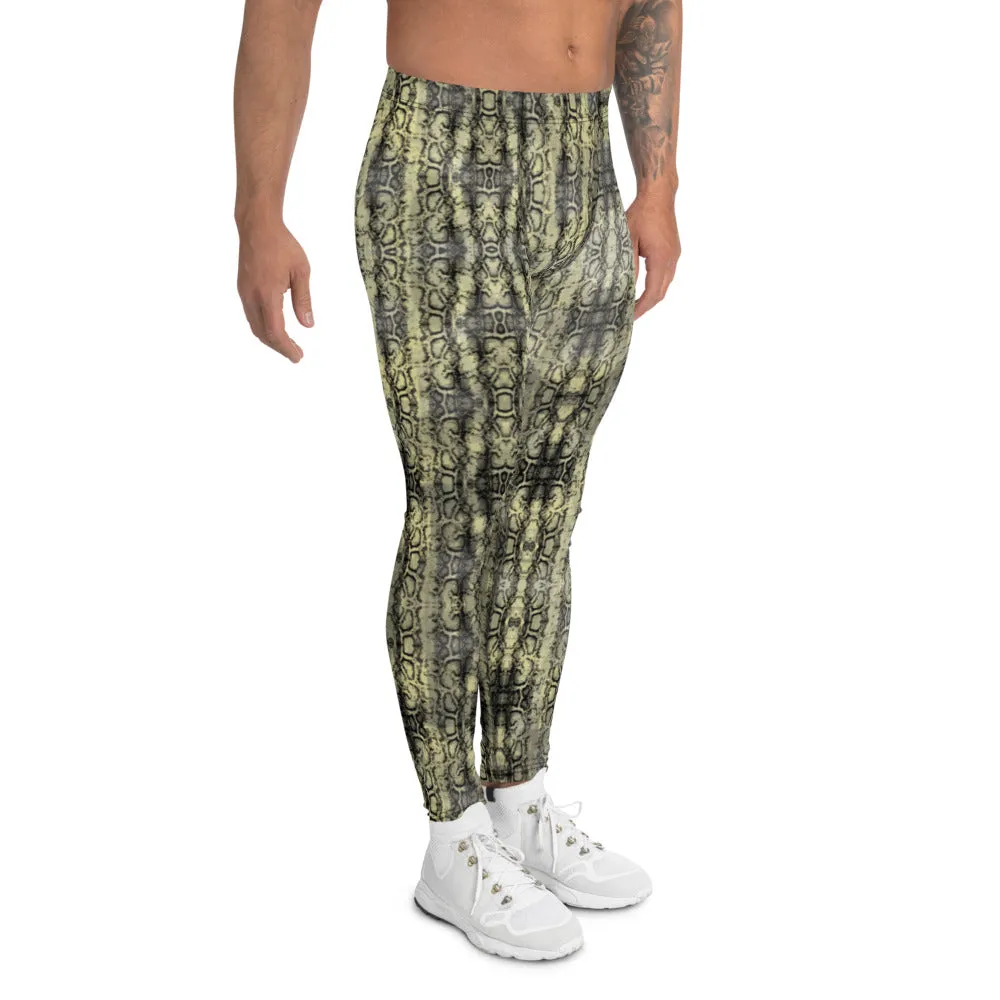 Green Snakeskin Print Sexy Meggings, Yellowish Snake Print Men's Leggings For Reptile Lovers