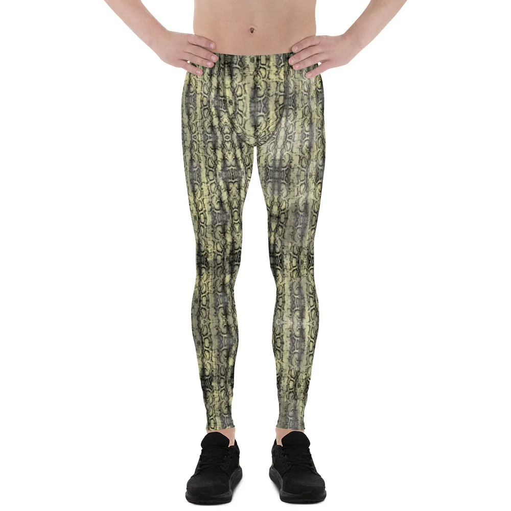 Green Snakeskin Print Sexy Meggings, Yellowish Snake Print Men's Leggings For Reptile Lovers