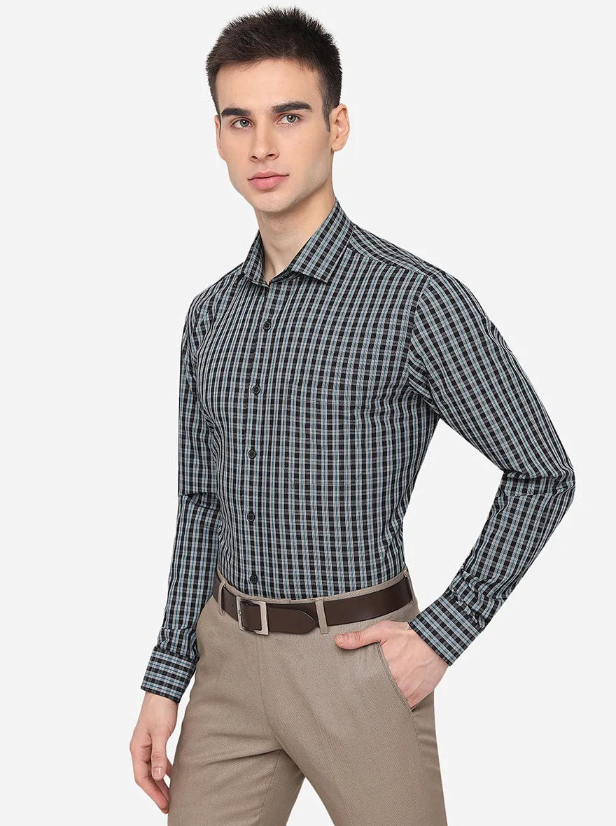 Grey & Teal Blue Checked Regular Fit Formal Shirt | JadeBlue