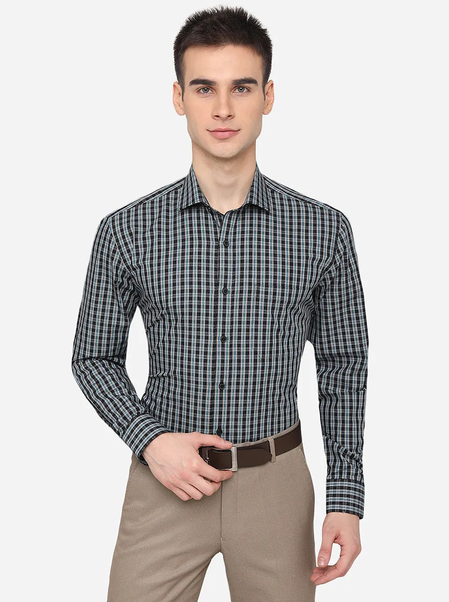 Grey & Teal Blue Checked Regular Fit Formal Shirt | JadeBlue