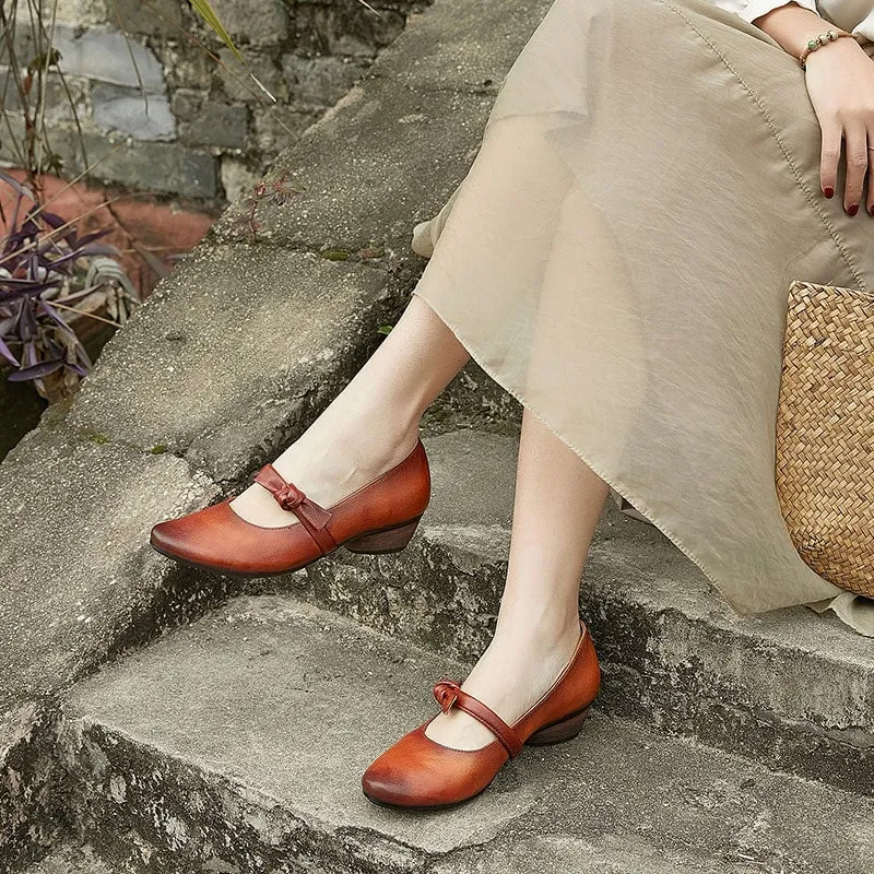 Handmade Leather Mary Jane Flat Shoes with Bow in Brown