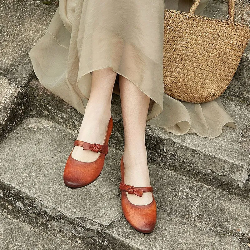 Handmade Leather Mary Jane Flat Shoes with Bow in Brown