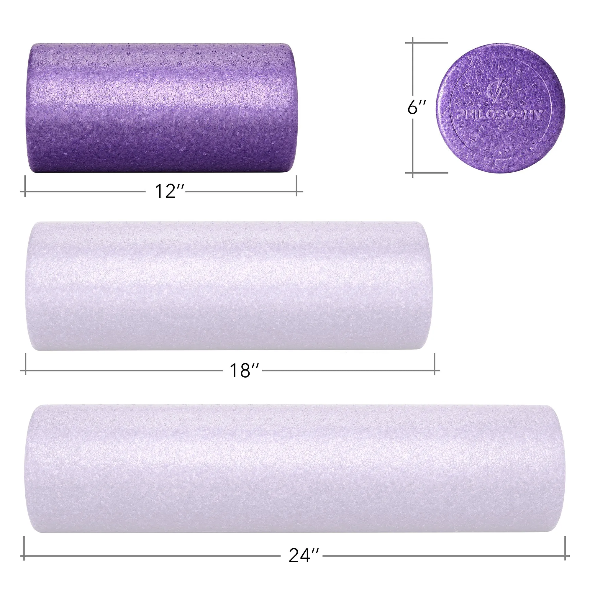 High Density Exercise Foam Roller - 12", 18", 24", Black, Gray, Purple