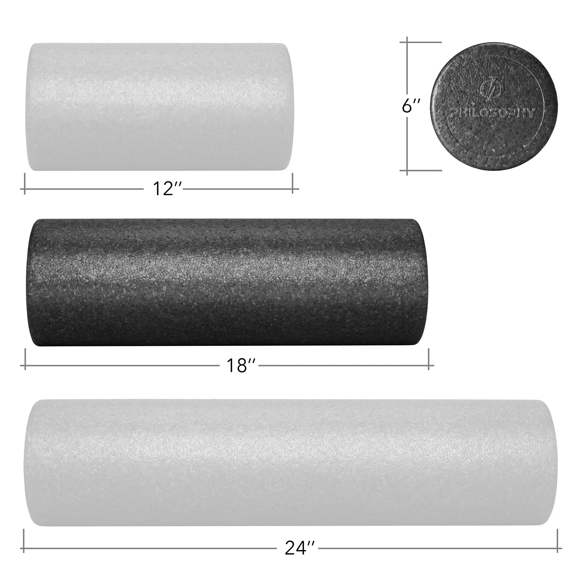 High Density Exercise Foam Roller - 12", 18", 24", Black, Gray, Purple