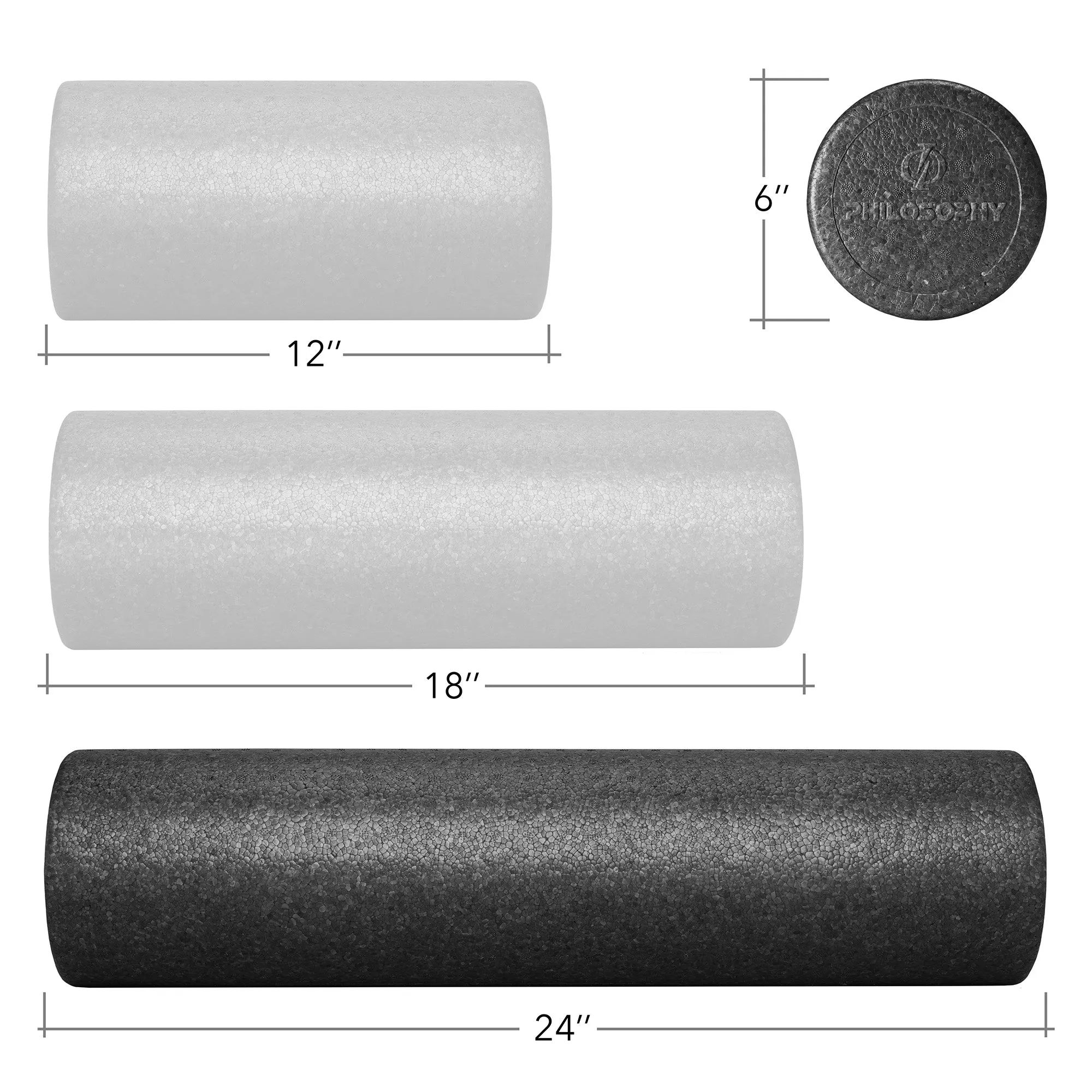 High Density Exercise Foam Roller - 12", 18", 24", Black, Gray, Purple