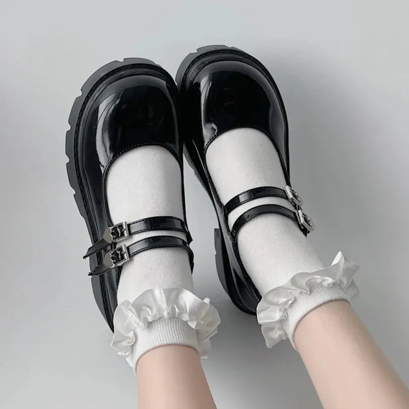 Hnzxzm Chunky Platform Mary Jane Shoes Women Heart Buckle Strap Thick Heels Pumps Woman Black Patent Leather Lolita Shoes Laides