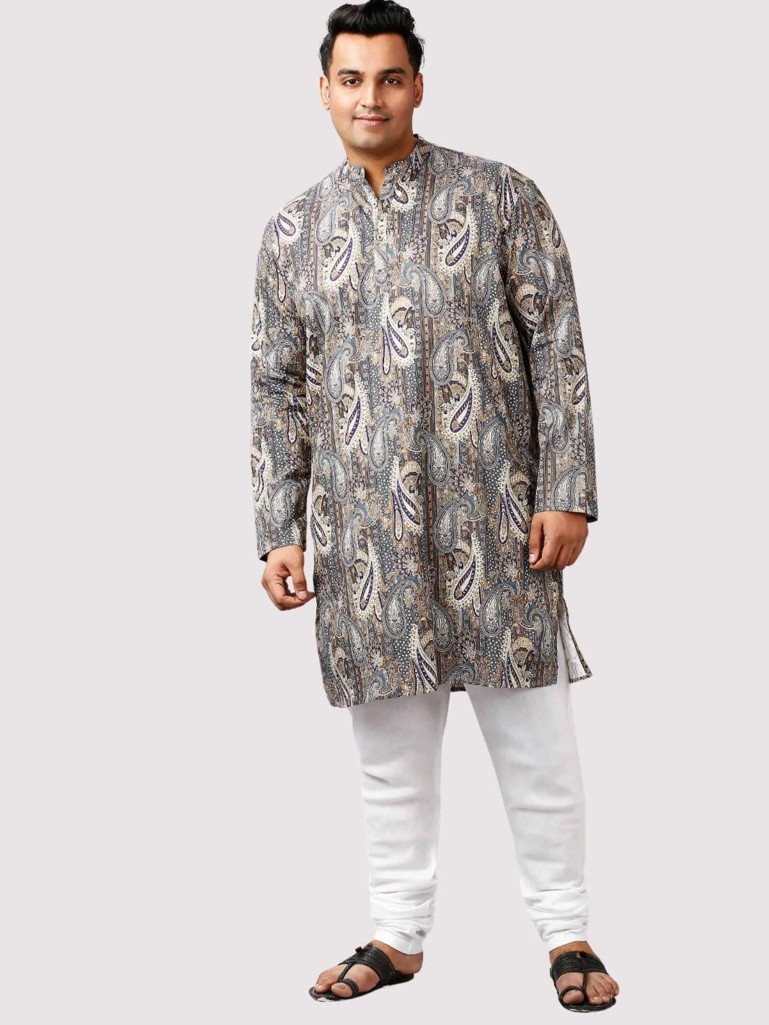 Jalsa Printed Grey White Kurta Men's Plus Size