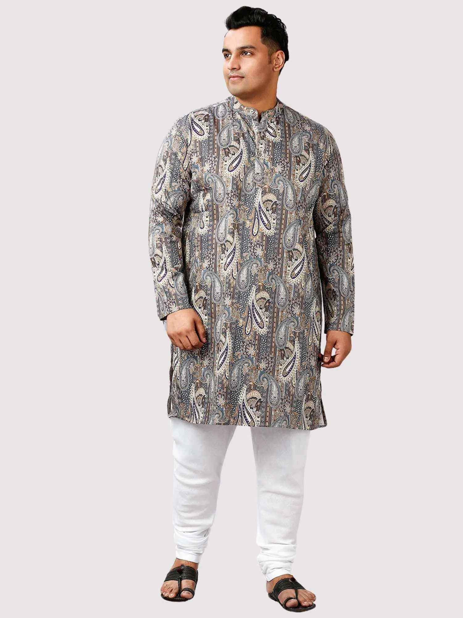 Jalsa Printed Grey White Kurta Men's Plus Size