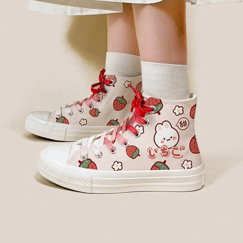 Kawaii Strawberry Bunny High Top Canvas Shoes - Unisex