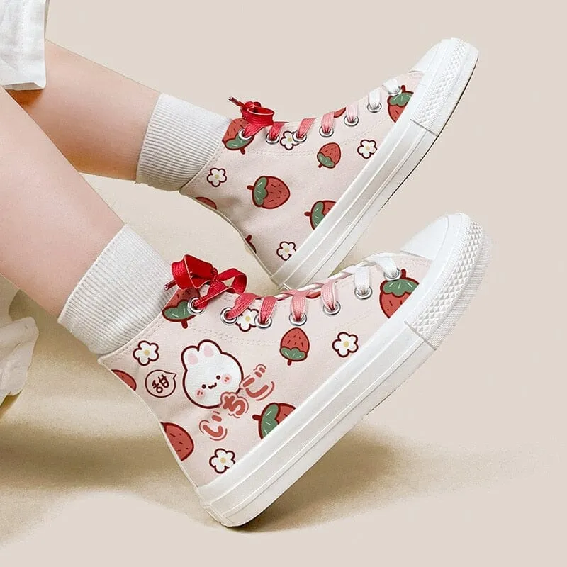 Kawaii Strawberry Bunny High Top Canvas Shoes - Unisex