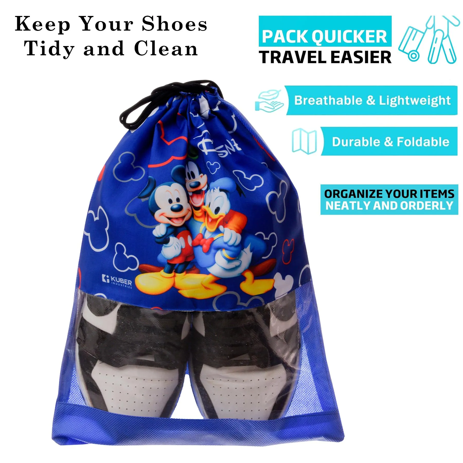 Kuber Industries Disney Team Mickey Shoe Cover | Travel Shoe Storage Bags | Polyester Storage Bag | Drawstring Shoe Cover | Shoe Organizer with Clear Window | Pack of 12 | Blue