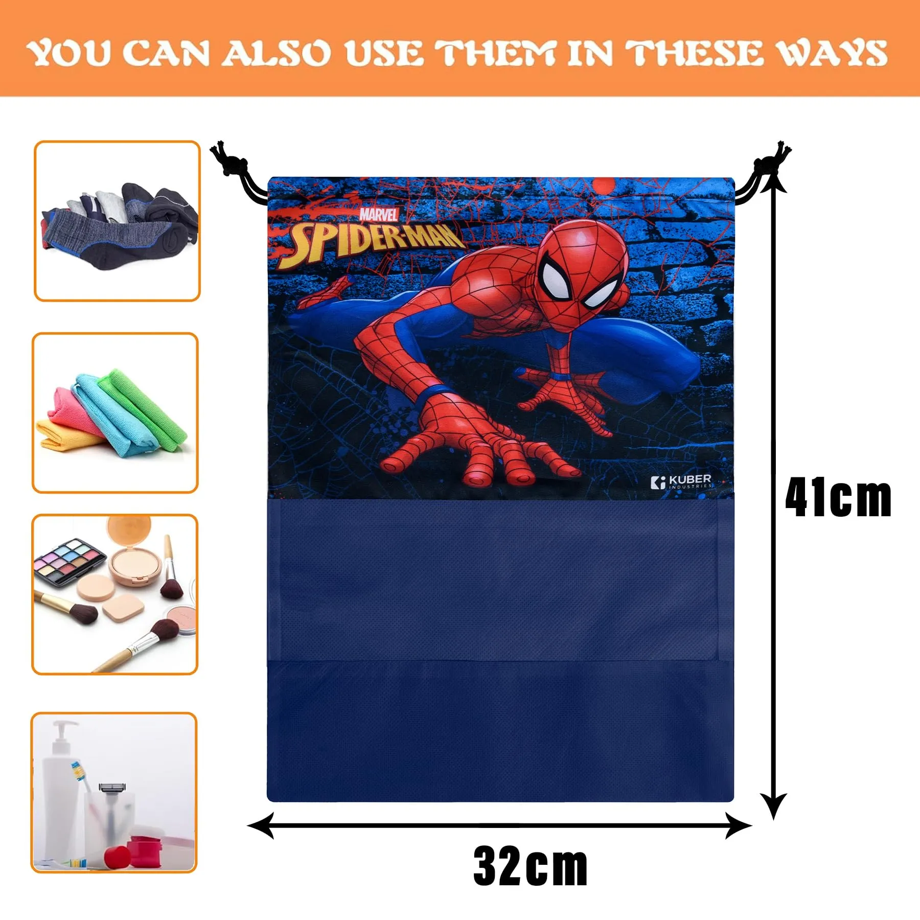 Kuber Industries Marvel Spiderman Shoe Cover | Travel Shoe Storage Bags | Polyester Storage Bag | Drawstring Shoe Cover | Shoe Organizer with Clear Window | Pack of 6 | Navy Blue